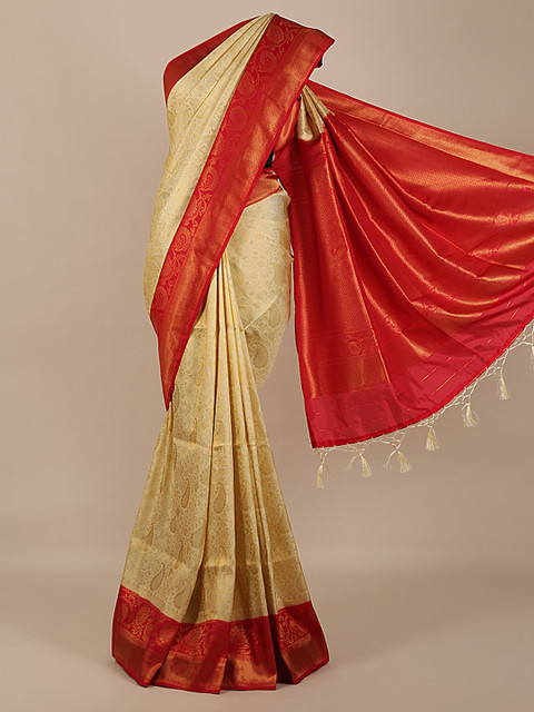 

Pothys Cream-Coloured & Gold-Toned Jute Silk Woven Design Saree