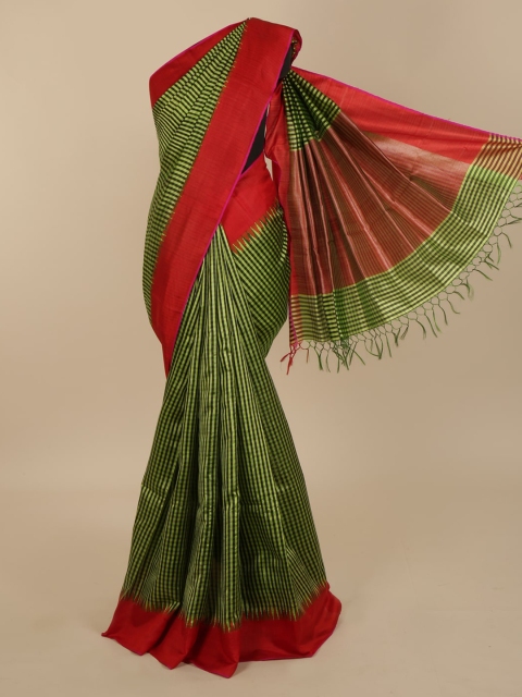 

Pothys Green & Red Jute Silk Checked Saree