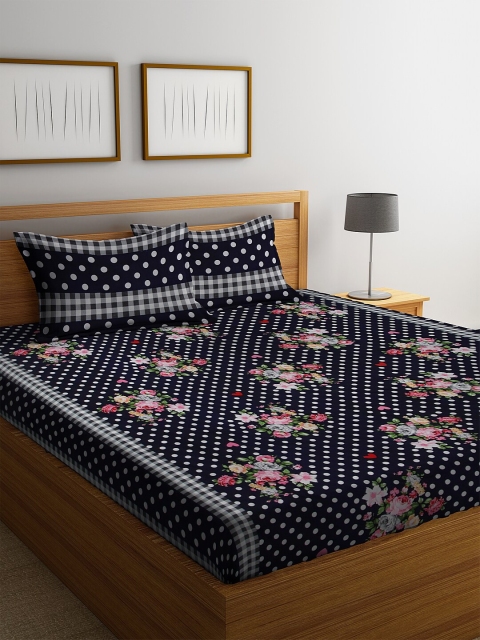 

NEUDIS Navy Blue Floral 180 TC Polycotton 1 King Bedsheet with 2 Pillow Covers