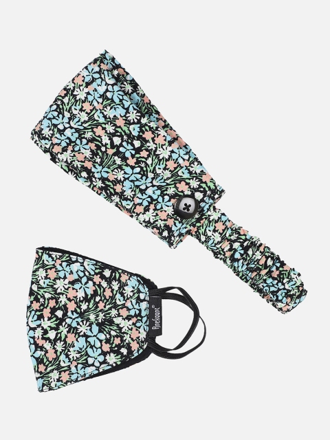 

Anekaant Women Black & Blue Floral Printed 3-Ply Mask & Hairband