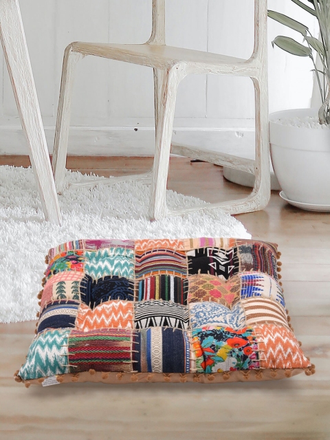 

Tistabene Red & Orange Printed Patchwork Handloom Square Floor Cushions
