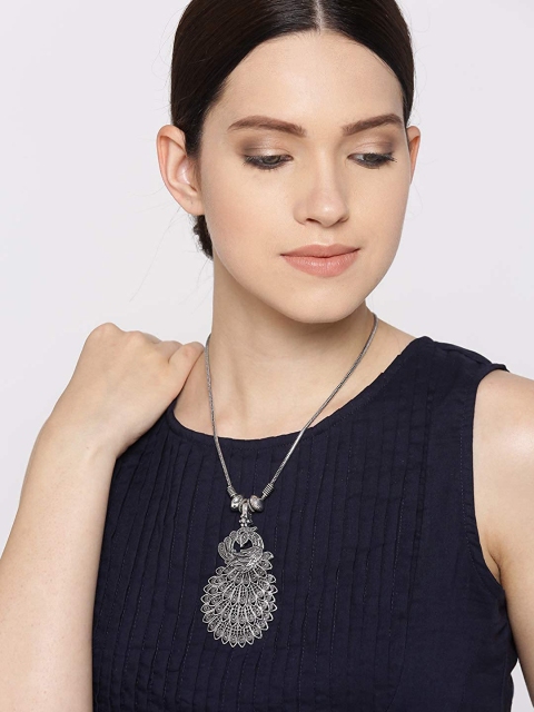 

Natures Buggy Oxidised Silver-Toned & White Artificial Stone Studded Peacock Shaped Pendant With Chain