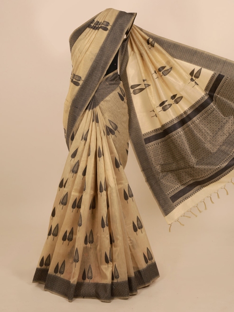 

Pothys Cream-Coloured & Grey Polycotton Woven Design Saree