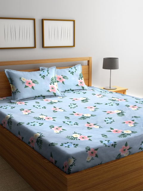 

NEUDIS Blue & Green Floral 180 TC Polycotton 1 King Bedsheet with 2 Pillow Covers