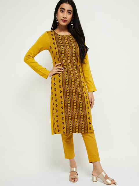 

max Women Yellow Woven Design Straight Kurta