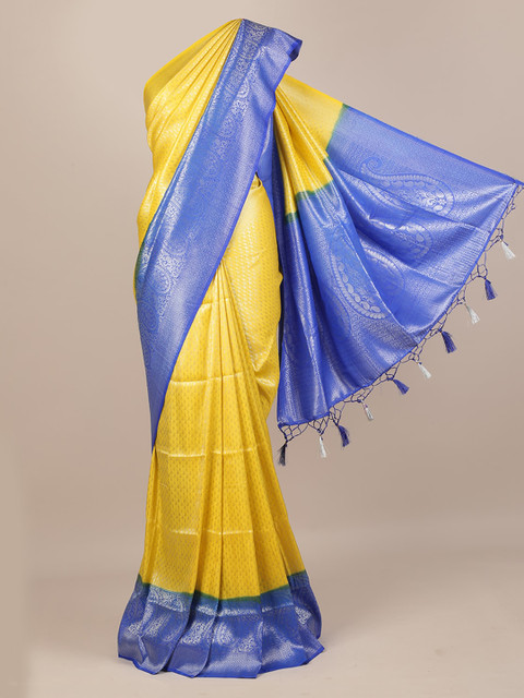 

Pothys Yellow & Blue Jute Silk Colourblocked Saree