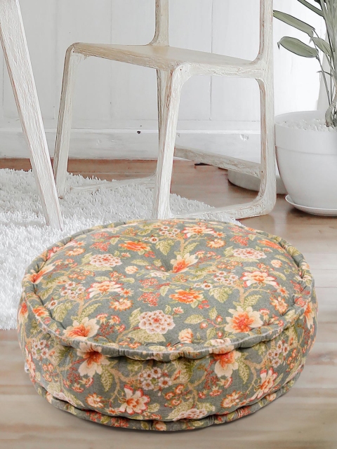 

Tistabene Green & Orange Printed Floral Round Poof Cushion
