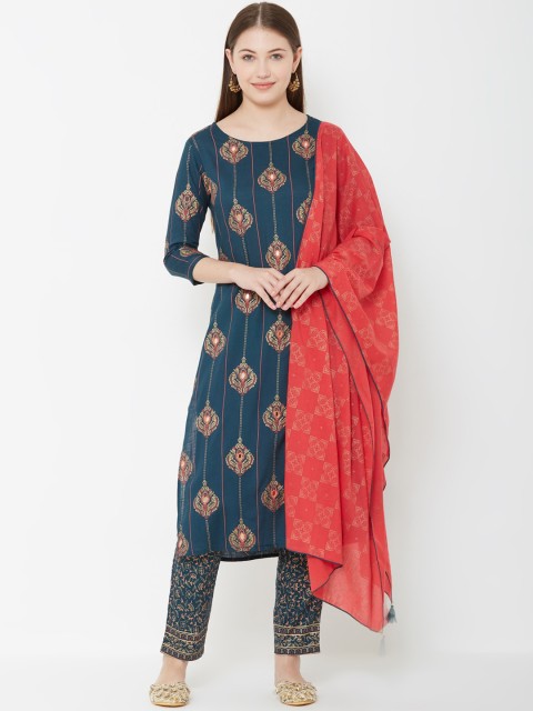 

FASHOR Women Teal Blue & Red Printed Kurta with Trousers & Dupatta