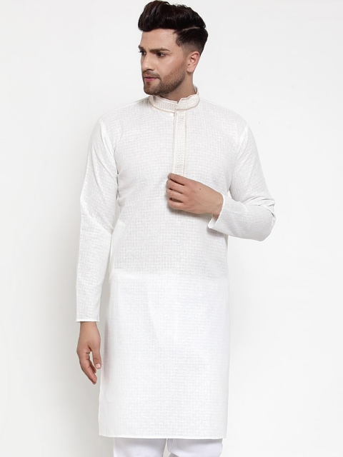 

Jompers Men White Woven Design Pathani Kurta