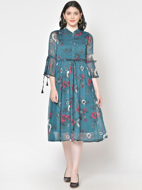 

Cation Women Blue & Red Floral Printed Fit and Flare Dress