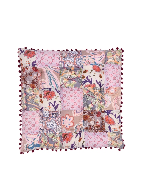 

Tistabene White & Pink Printed Patchwork Handloom Gaddi Cushion
