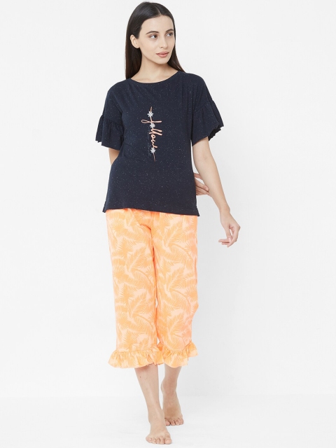 

Sweet Dreams Women Navy Blue & Orange Printed Night suit