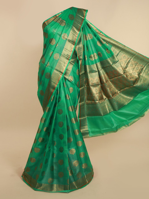 

Pothys Green & Gold-Toned Jute Silk Woven Design Tussar Saree