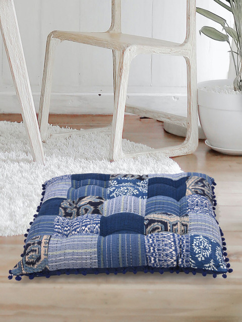 

Tistabene Blue & White Indigo Patchwork Pom-Pom Trim Square Cushion With Filling