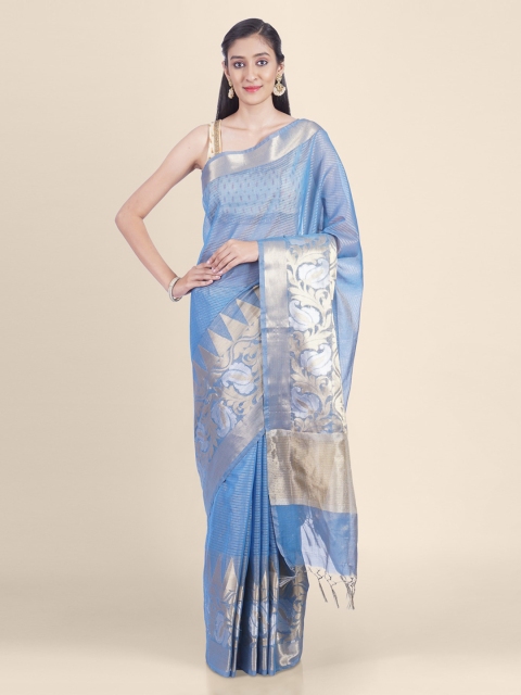 

Kasat Blue & Gold-Toned Handloom Supernet Striped Saree