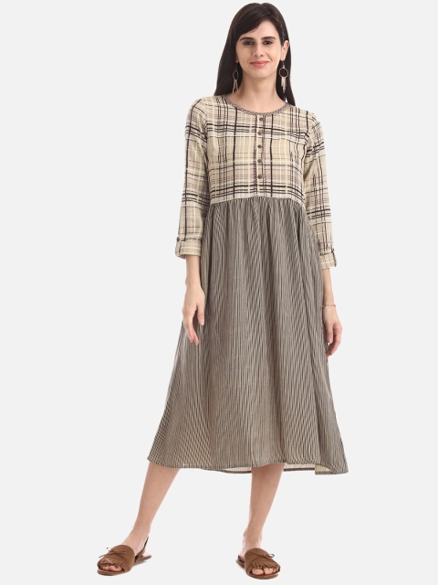

Bronz Women Beige Checked A-Line Dress