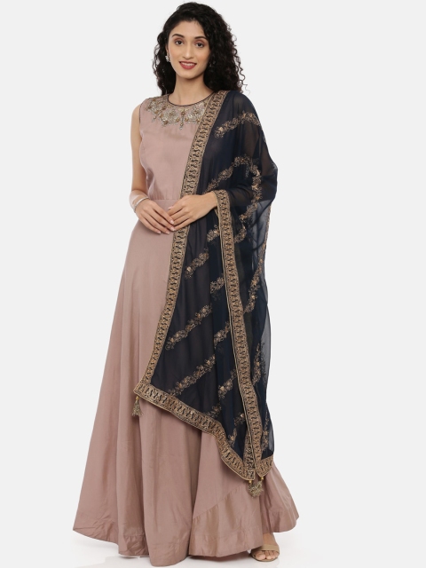 

Neerus Women Taupe & Navy Blue Yoke Design Kurta with Trousers & Dupatta