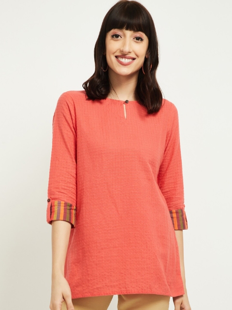 MAX Roll-Up Sleeves Checked Straight Kurti, Coral