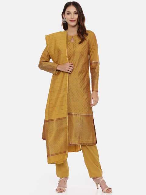 

Neerus Women Mustard Printed Chanderi Silk Kurta with Salwar & Dupatta