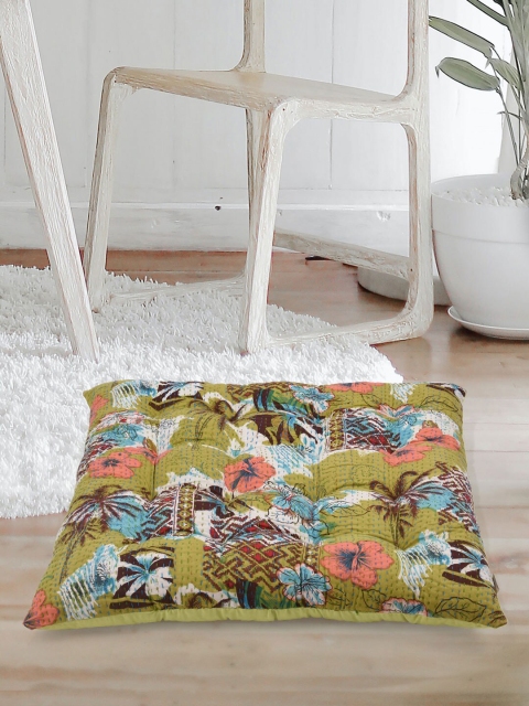 

Tistabene Olive-Green & White Floral Printed Square Gaddi Cushion