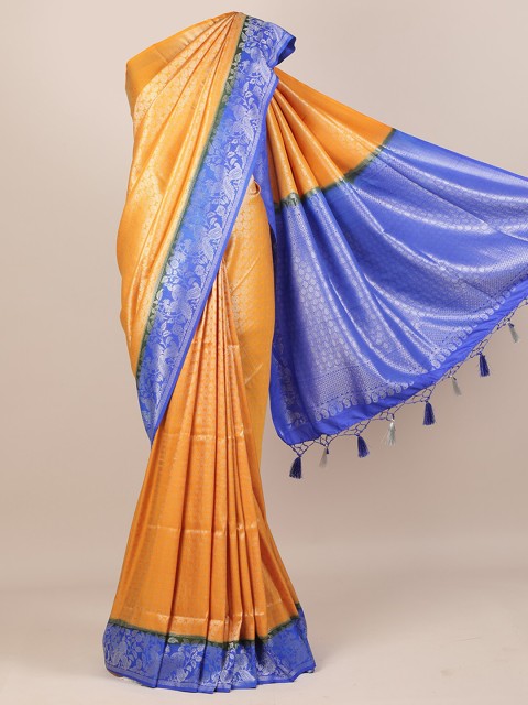 

Pothys Mustard Yellow & Blue Jute Silk Woven Design Saree