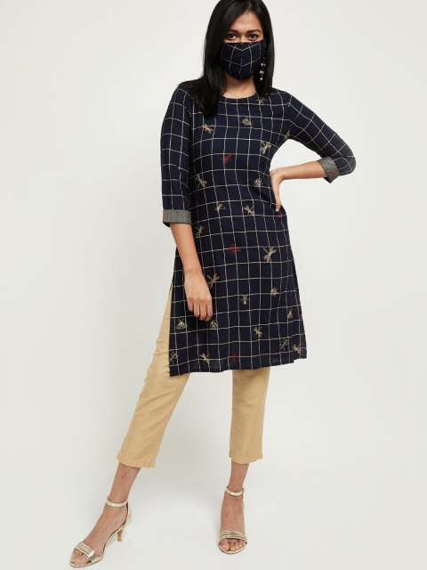 

max Women Navy Blue Beige Checked Straight Kurta