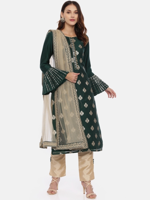 

Neerus Women Green & Gold-Toned Woven Design Kurta with Trousers & Dupatta