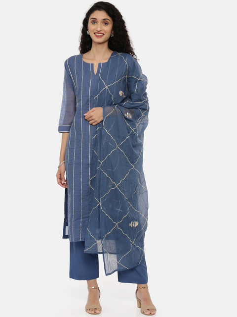 

Neerus Women Blue Self Design Kurta with Trousers & Dupatta