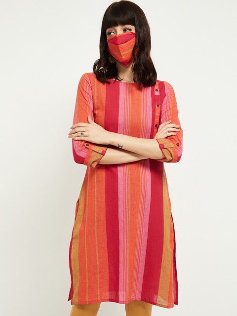 

max Women Red Pink Striped A-Line Kurta
