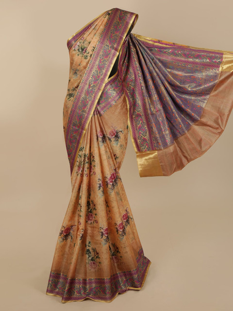 

Pothys Beige & Pink Jute Silk Printed Tussar Saree