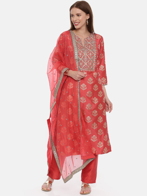 

Neerus Women Coral & Gold-Toned Printed Kurta with Trousers & Dupatta