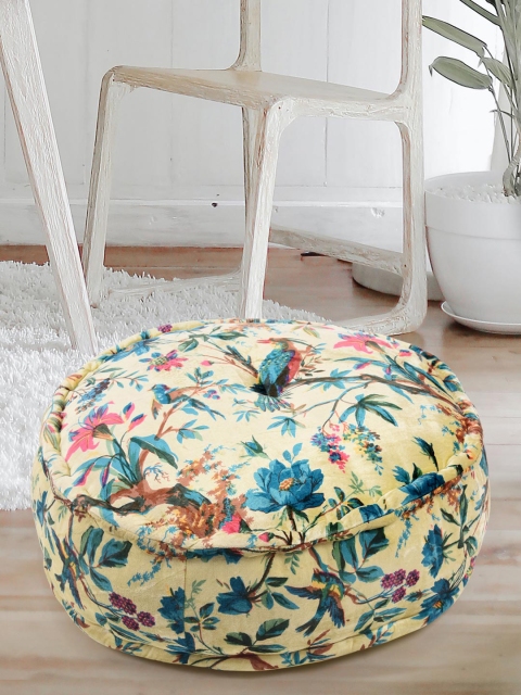 Tistabene Yellow & Blue Floral Print Round Floor Cushion