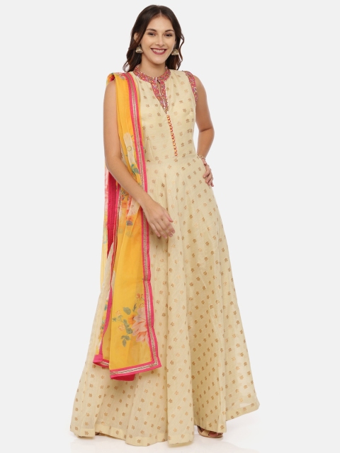 

Neerus Women Beige & Pink Woven Design Kurta with Palazzos & Dupatta