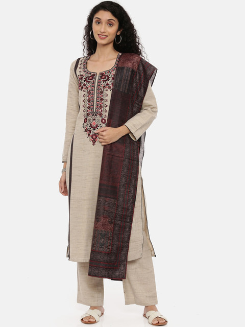 

Neerus Women Beige Solid Thread Work Ornamented Jute Silk Kurta with Palazzos & Dupatta