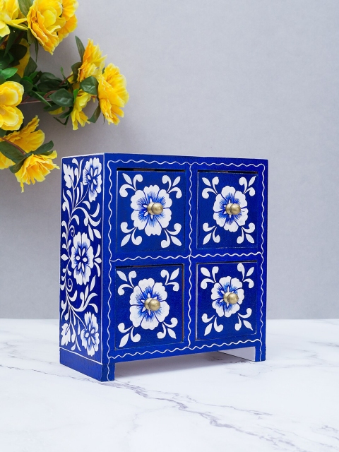 

Golden Peacock Blue & White Handpainted 4 Drawers Jewellery Box