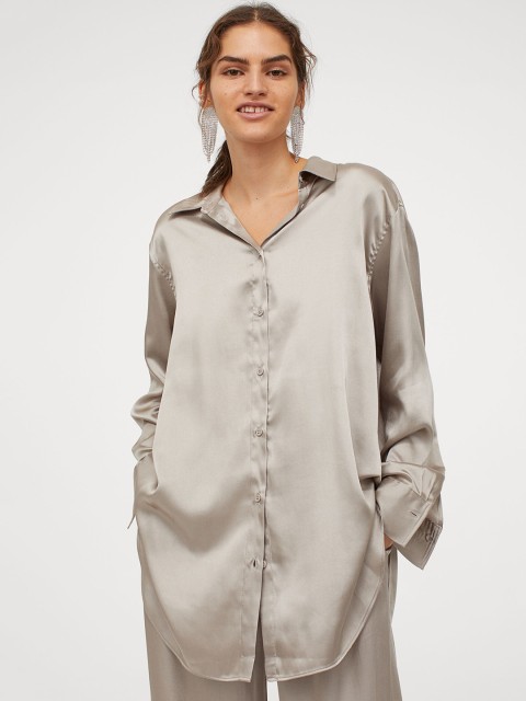 

H&M Women Taupe Solid Satin Shirt
