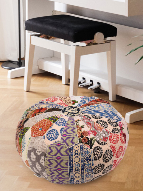 

Tistabene Multicoloured Printed Patchwork Round Cushion With Filling, Multi