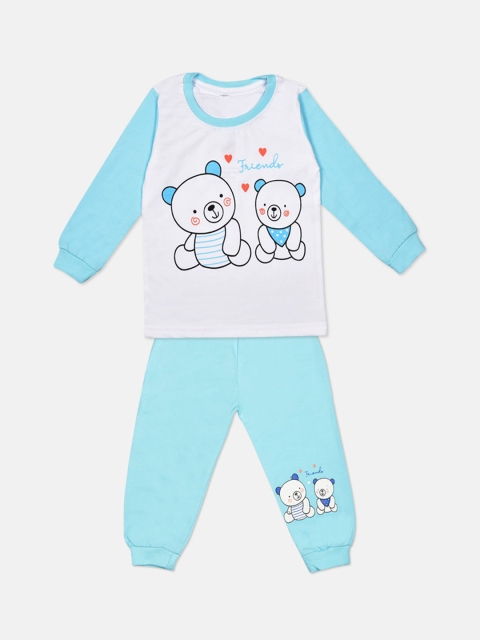

Fashitale Unisex Kids White & Turquoise Blue Printed Top with Trousers