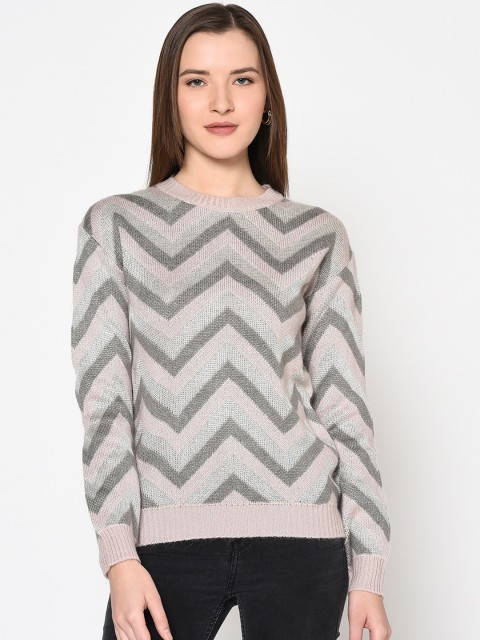 

METTLE Women Grey & Pink Chevron Pullover Sweater