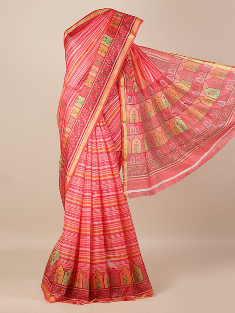 

Pothys Pink & White Jute Silk Striped Saree