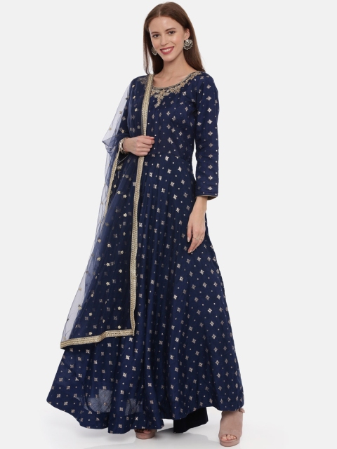 

Neerus Women Blue Printed Kurta with Churidar & Dupatta