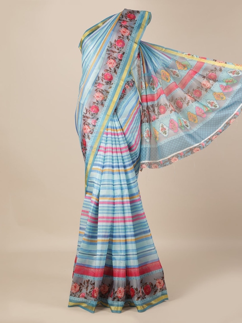 

Pothys Blue & White Jute Silk Striped Saree