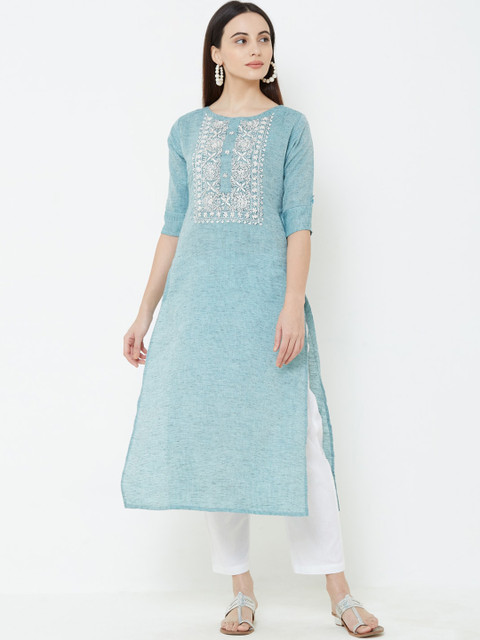 

FASHOR Women Blue Embroidered Straight Kurta