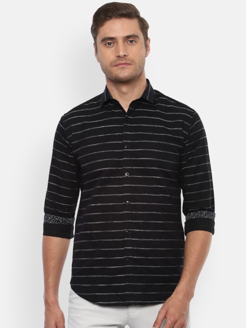 

V Dot Men Black Slim Fit Striped Casual Shirt