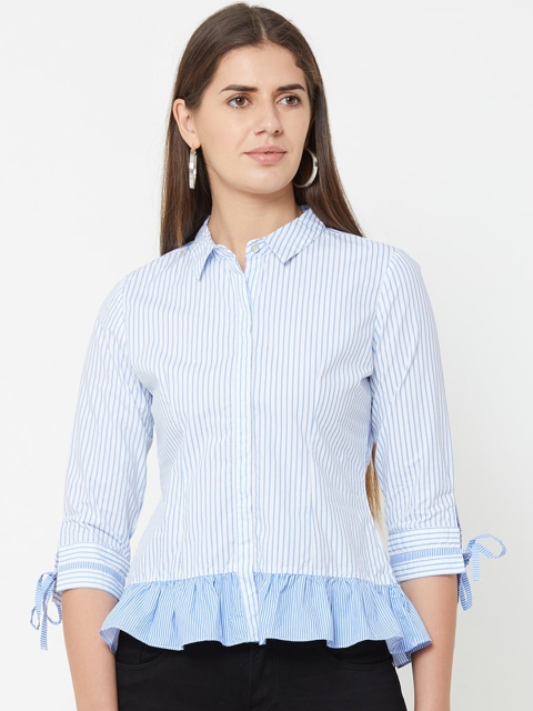 

Kraus Jeans Women Blue & White Regular Fit Striped Casual Shirt