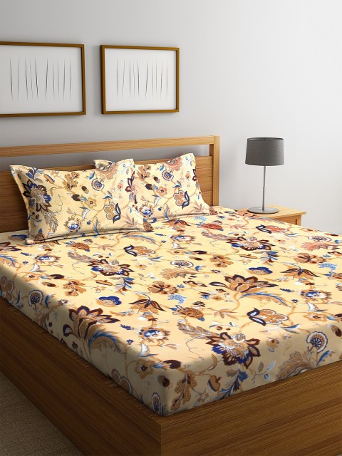 

NEUDIS Beige Floral 180 TC Polycotton 1 King Bedsheet with 2 Pillow Covers