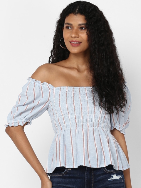 

AMERICAN EAGLE OUTFITTERS Women Blue Striped Bardot Top