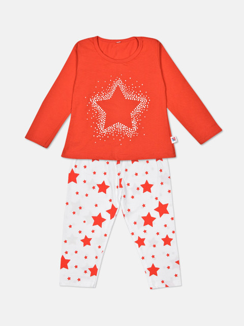 

Fashitale Unisex Kids Orange & White Printed Top with Pyjamas