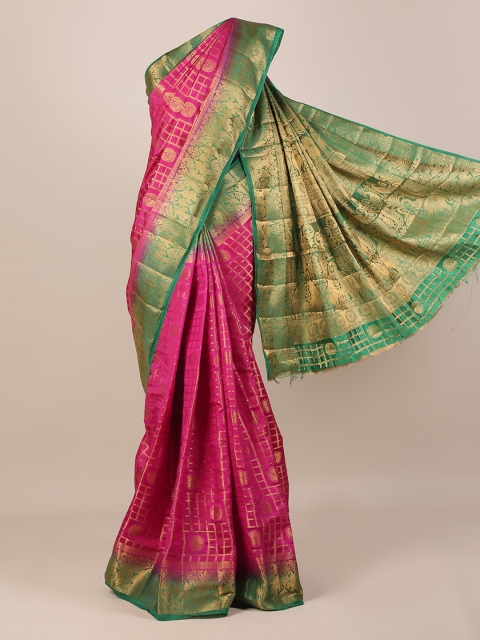 

Pothys Magenta & Green Jute Silk Checked Saree