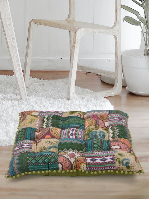 

Tistabene Green Block Printed Patchwork Square Floor Cushion